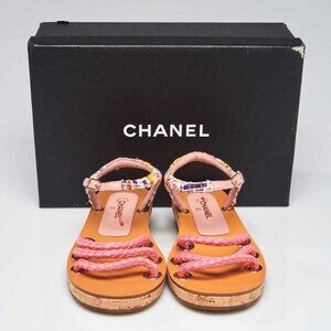 Chanel Pink/Yellow Fabric Braided Fabric Flat Sandals Size 5/35.5